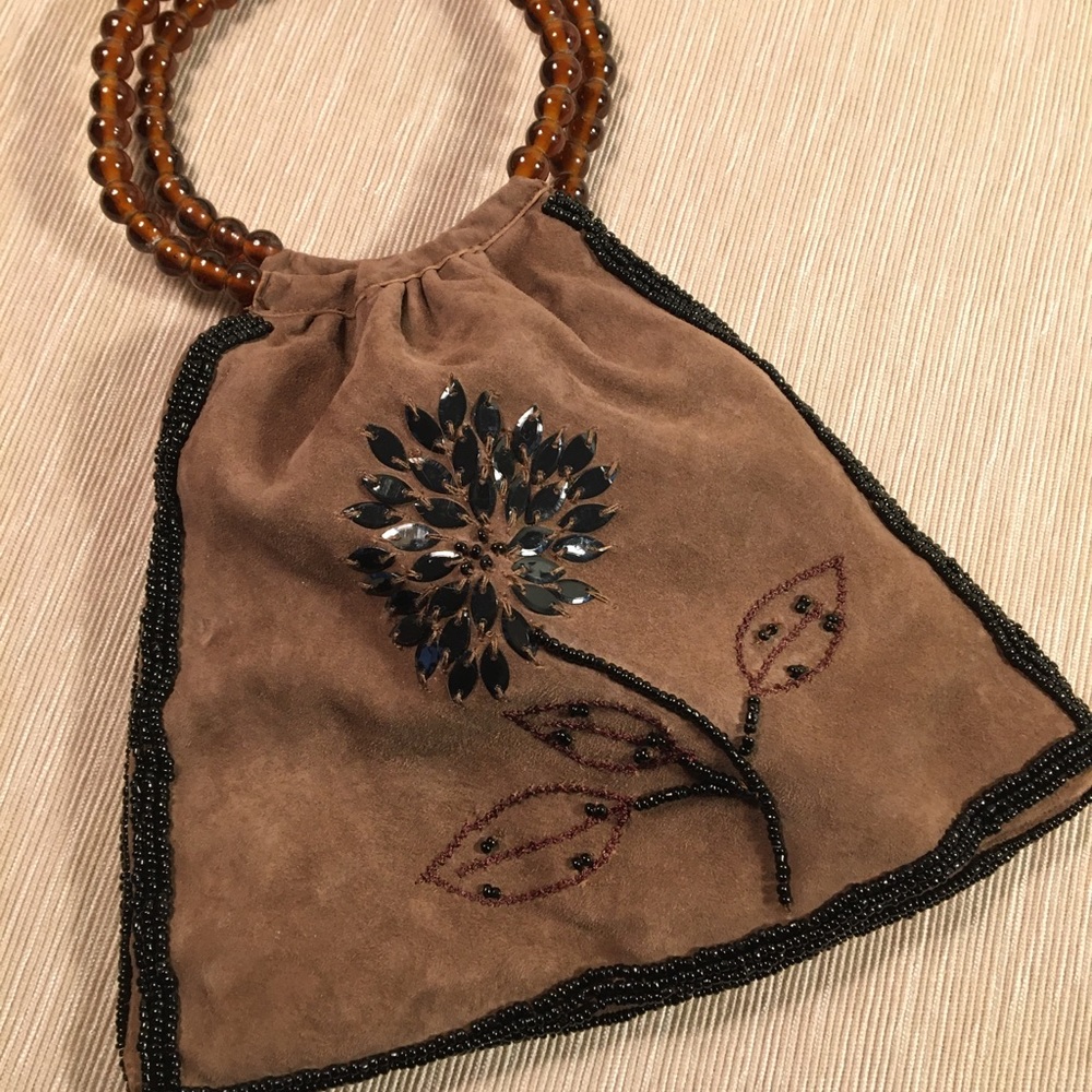 Beaded, faux suede wrist bag